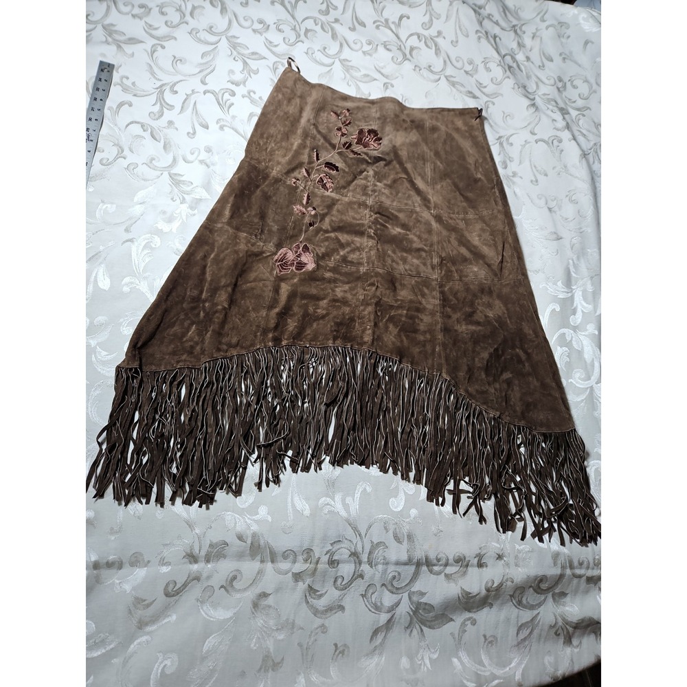 Suede Fringe Skirt Western Cowgirl Country Embroidered Rose Boho 90s Y2K XL